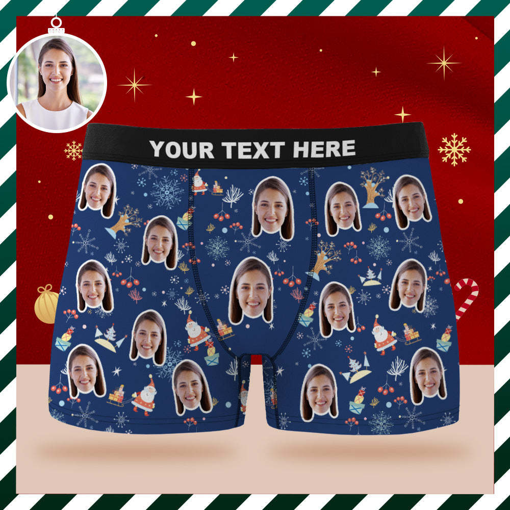 Custom Face Boxer Briefs Personalized Blue Underwear Santa Claus Merry Christmas Gift for Him - My Photo Socks AU