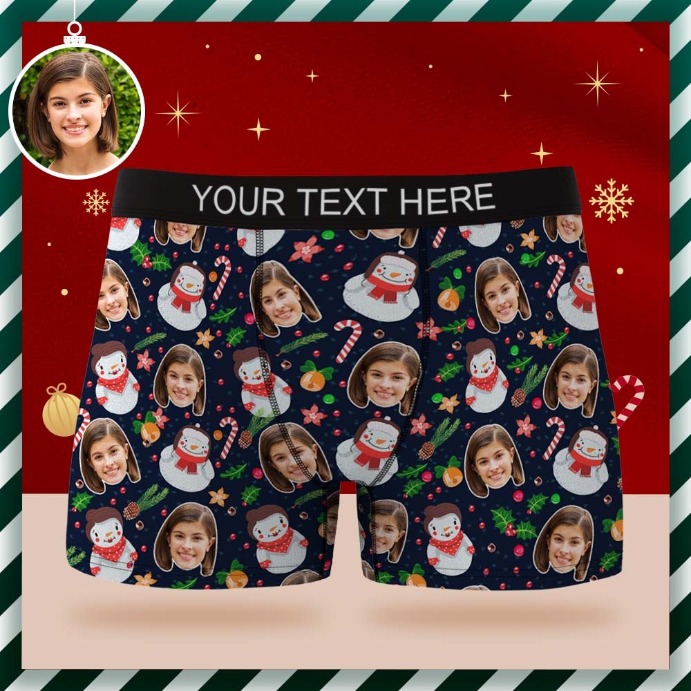 Custom Face Boxer Briefs Personalized Underwear Cute Snowman Christmas Gift for Him - My Photo Socks AU