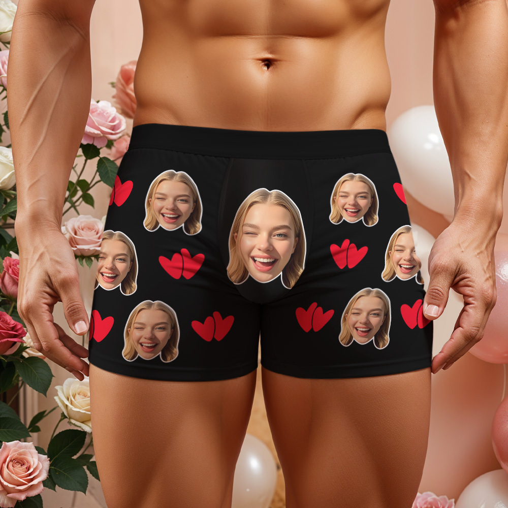 Personalized Valentine Face Men's Boxer Underwear Face Double Heart Boxer Gift Custom Photo Funny Men's Boxer Briefs  Gift - MyPhotoSocksAu