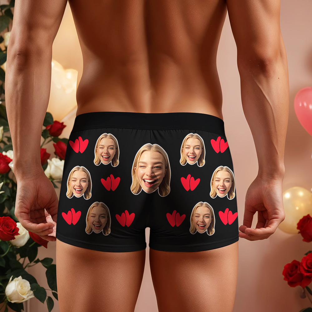 Personalized Valentine Face Men's Boxer Underwear Face Double Heart Boxer Gift Custom Photo Funny Men's Boxer Briefs  Gift - MyPhotoSocksAu