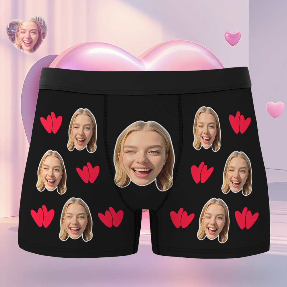 Personalized Valentine Face Men's Boxer Underwear Face Double Heart Boxer Gift Custom Photo Funny Men's Boxer Briefs  Gift - MyPhotoSocksAu