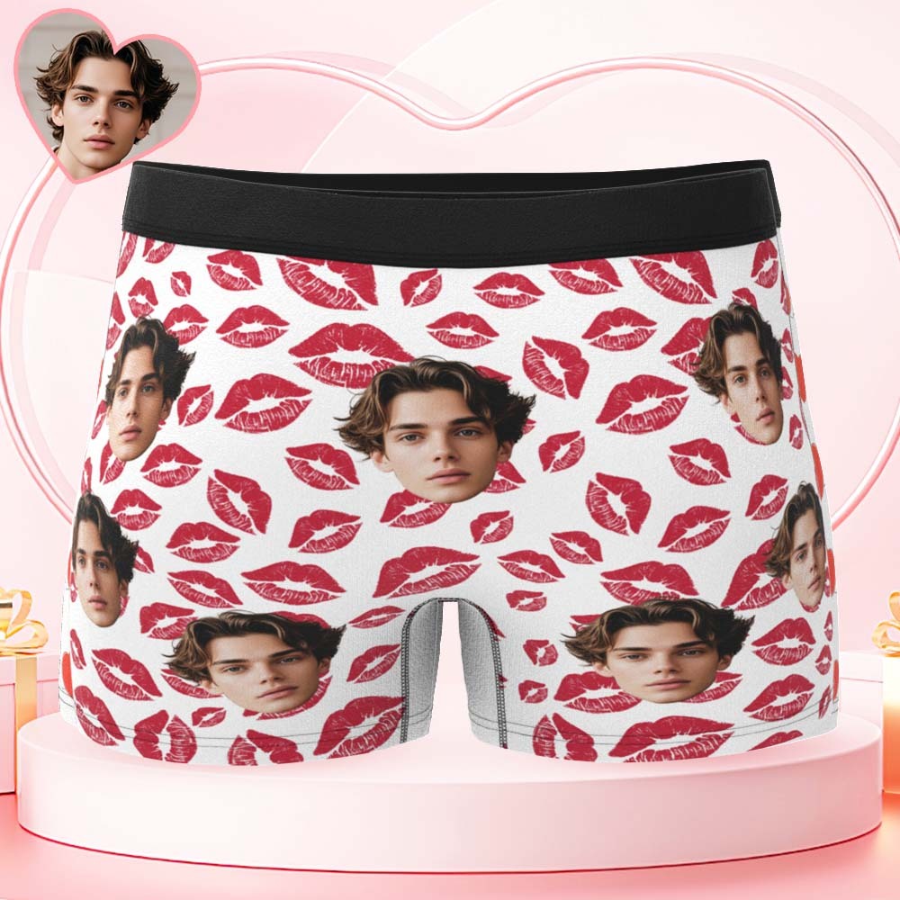 Custom Mens Kisses All Over Boxer Personalized Belt Color Face Boxers Valentines Day Underwear - MyPhotoSocksAu