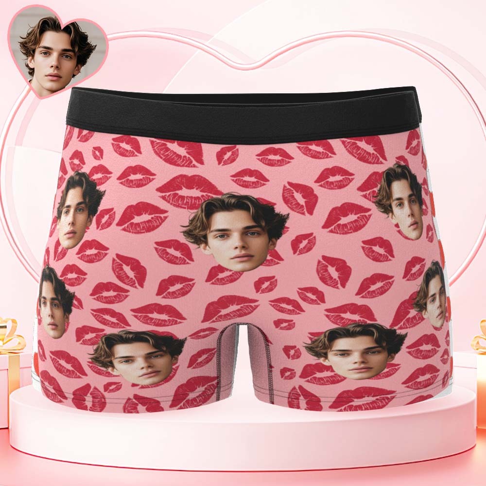 Custom Mens Kisses All Over Boxer Personalized Belt Color Face Boxers Valentines Day Underwear - MyPhotoSocksAu