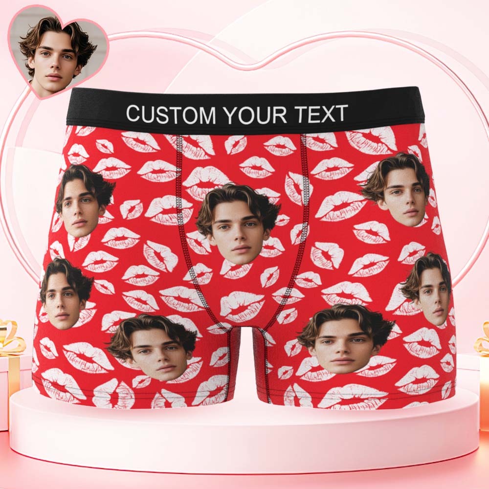 Custom Mens Kisses All Over Boxer Personalized Belt Color Face Boxers Valentines Day Underwear - MyPhotoSocksAu