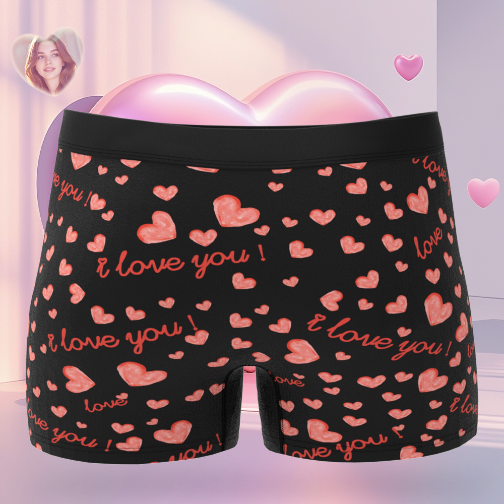 Custom Face Men's Boxer Pink Heart Style Black Underwear Gifts For Him - MyPhotoSocksAu