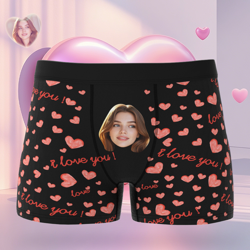 Custom Face Men's Boxer Pink Heart Style Black Underwear Gifts For Him - MyPhotoSocksAu