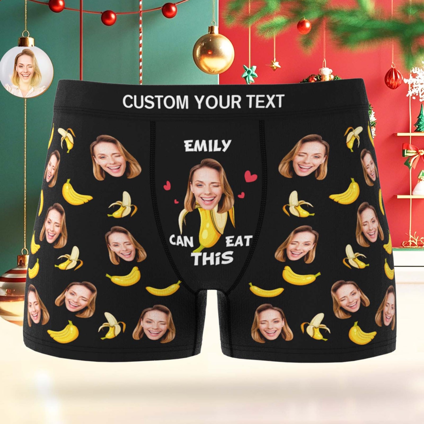 Custom Face Boxer Men Underwear Santa Gift Emily Can Eat These Bananas Personalized Photo Funny Christmas Men Boxer Gift - MyPhotoSocksAu