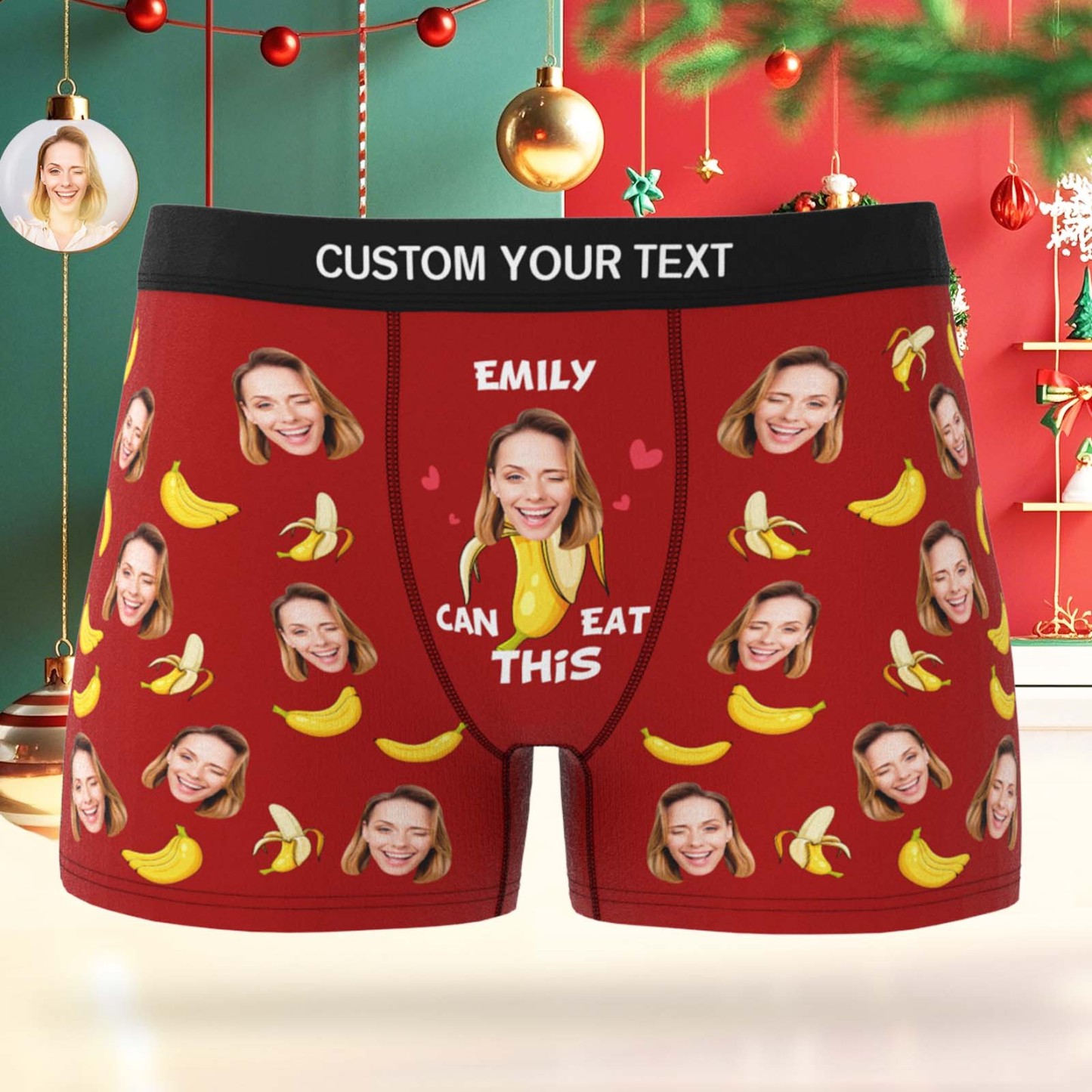 Custom Face Boxer Men Underwear Santa Gift Emily Can Eat These Bananas Personalized Photo Funny Christmas Men Boxer Gift - MyPhotoSocksAu