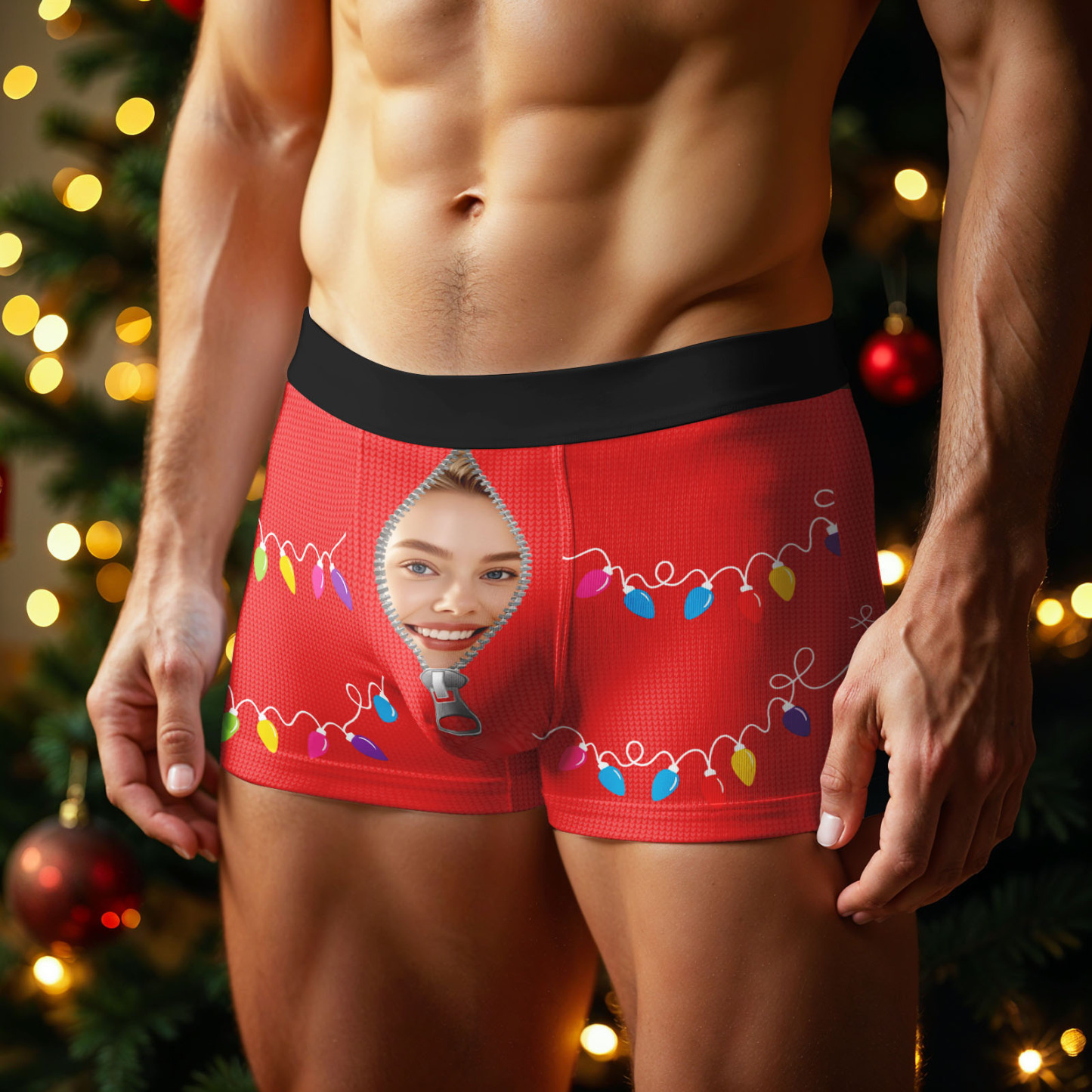 Custom Face Men's Boxer Underwear Santa Gift Christmas Lights Personalized Photo Funny Men's Boxer Briefs Christmas Valentine Christmas Gift - MyPhotoSocksAu