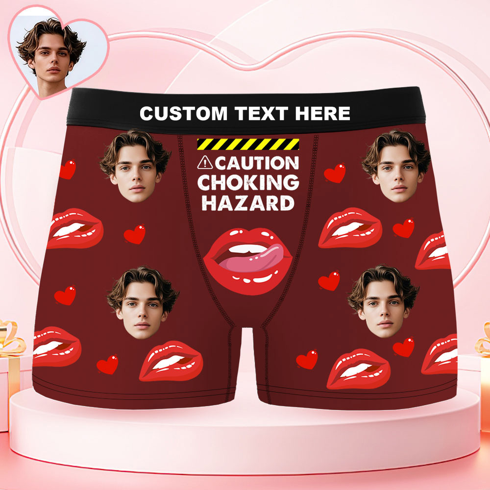 Custom Face Men's Boxer Underwear CAUTION CHOKING HAZARD Red Lip Boxer Gift Personalized Photo Funny Men's Boxer Briefs - MyPhotoSocksAu