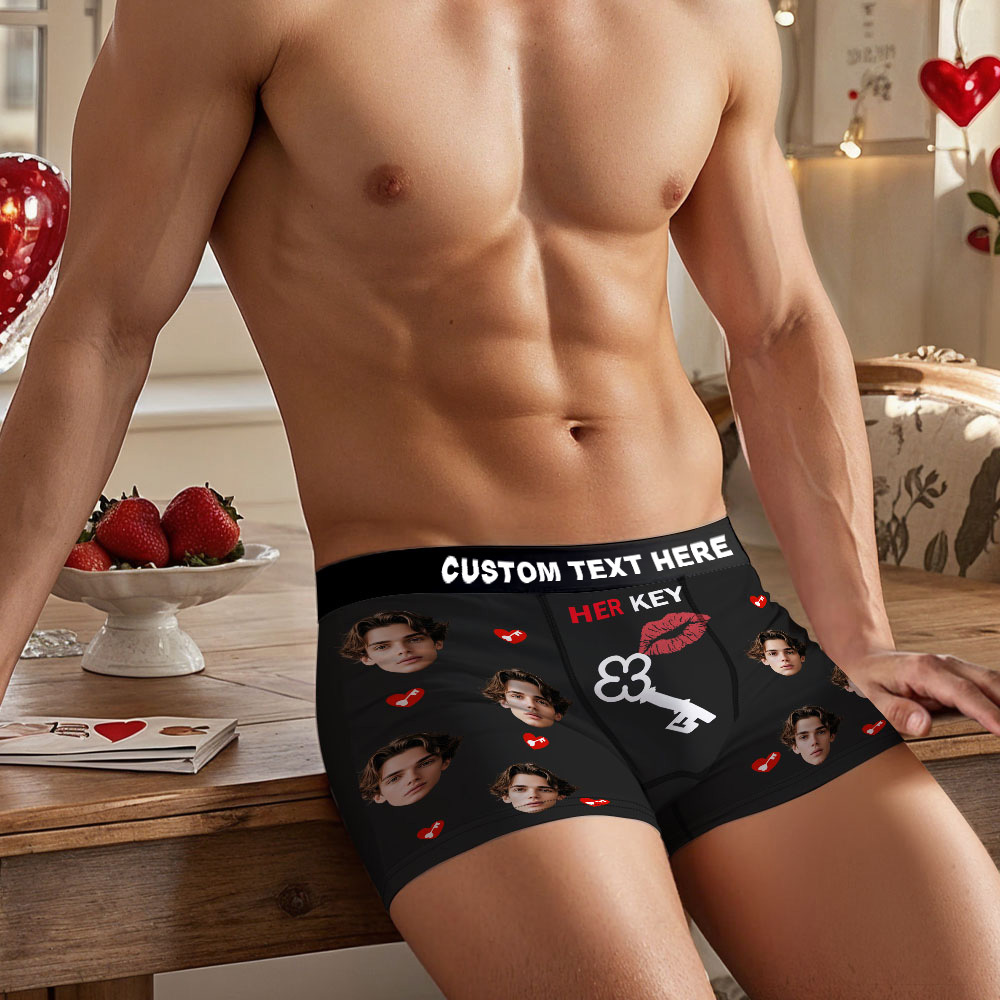 Custom Face Men's Boxer Underwear HER KEY Red Lips And Key Boxer Gift Personalized Photo Funny Men's Boxer Briefs - MyPhotoSocksAu