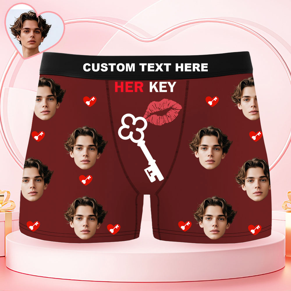 Custom Face Men's Boxer Underwear HER KEY Red Lips And Key Boxer Gift Personalized Photo Funny Men's Boxer Briefs - MyPhotoSocksAu