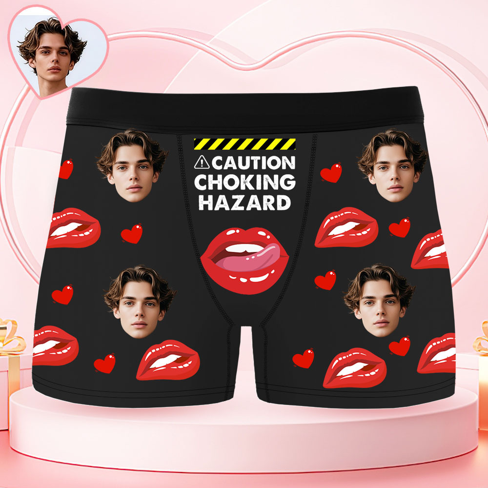 Custom Face Men's Boxer Underwear CAUTION CHOKING HAZARD Red Lip Boxer Gift Personalized Photo Funny Men's Boxer Briefs - MyPhotoSocksAu