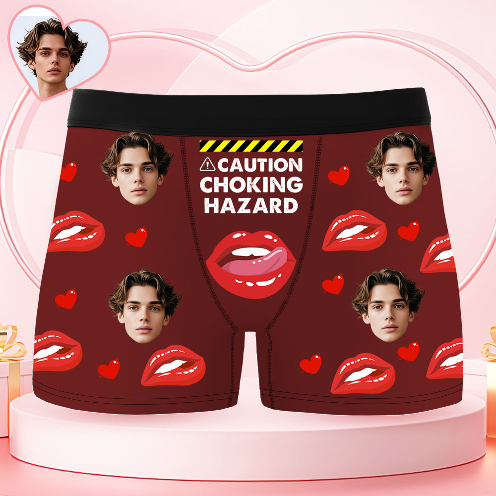 Custom Face Men's Boxer Underwear CAUTION CHOKING HAZARD Red Lip Boxer Gift Personalized Photo Funny Men's Boxer Briefs - MyPhotoSocksAu