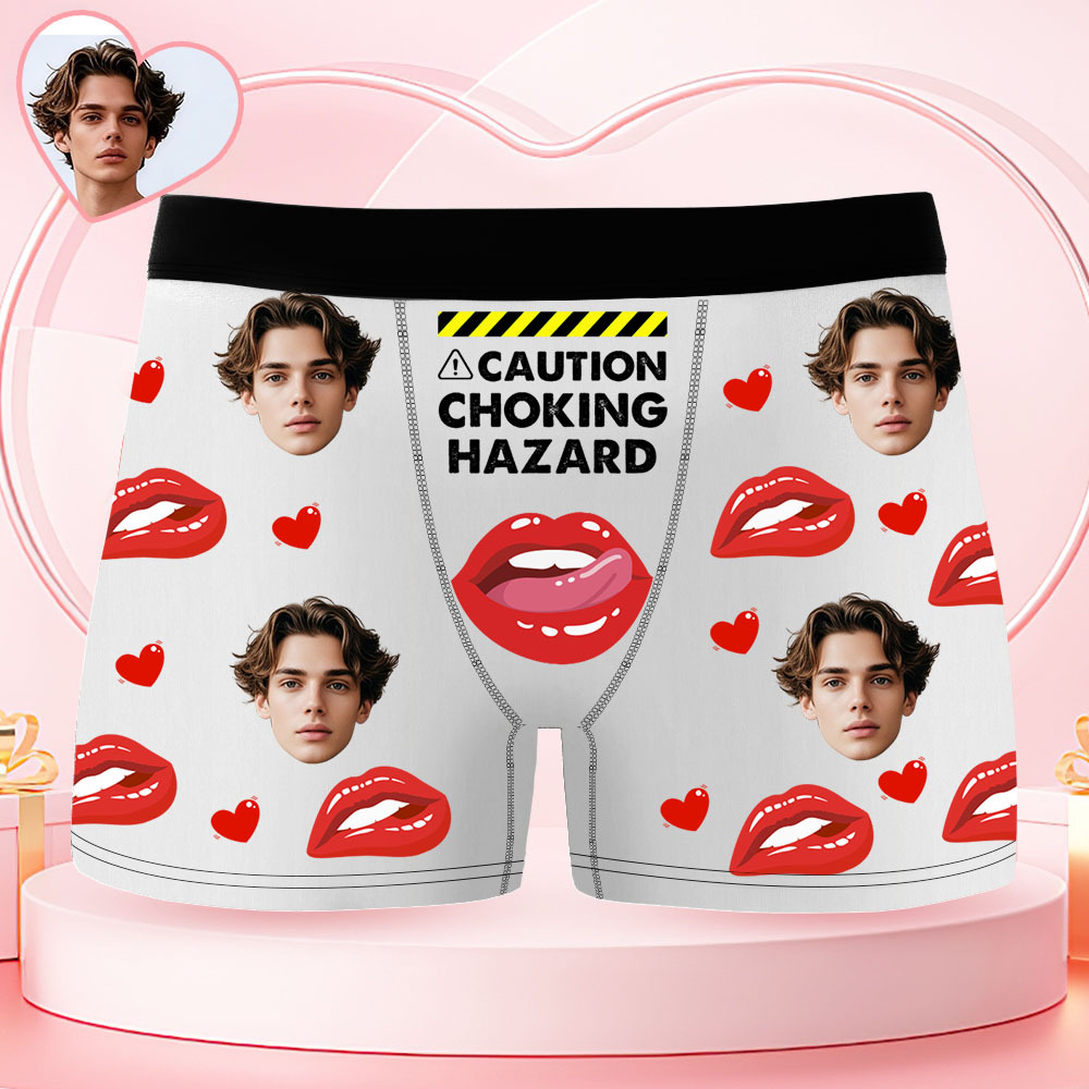 Custom Face Men's Boxer Underwear CAUTION CHOKING HAZARD Red Lip Boxer Gift Personalized Photo Funny Men's Boxer Briefs - MyPhotoSocksAu