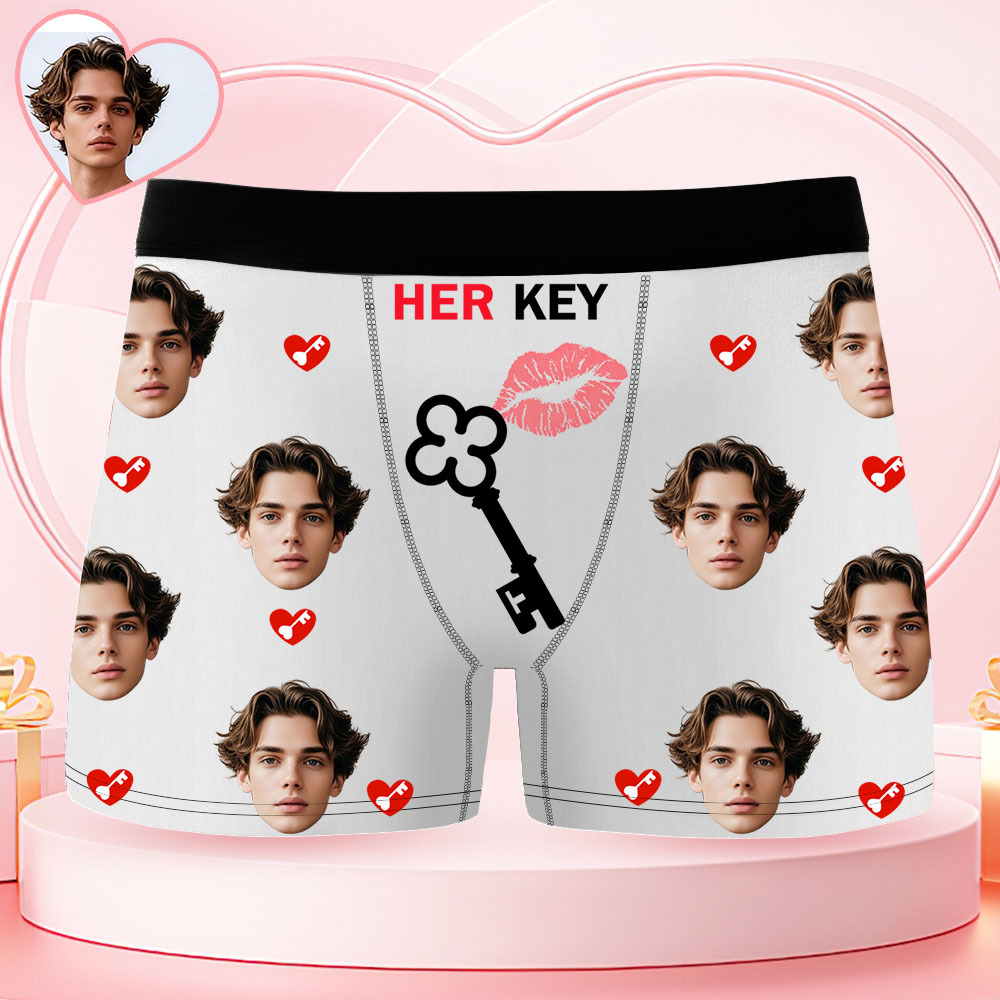 Custom Face Men's Boxer Underwear HER KEY Red Lips And Key Boxer Gift Personalized Photo Funny Men's Boxer Briefs - MyPhotoSocksAu