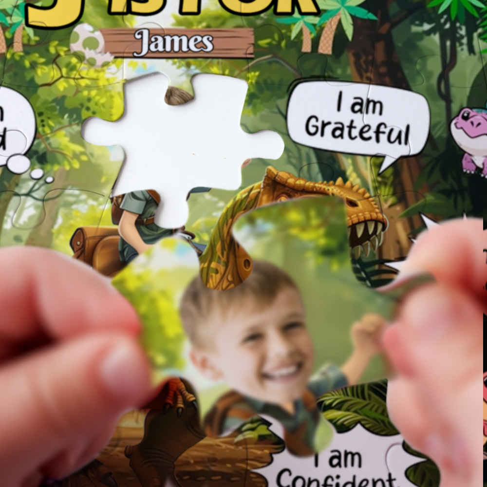 Little Boy Riding Dinosaur - I Am Kind I Am Brave - Personalized Photo Jigsaw Puzzle