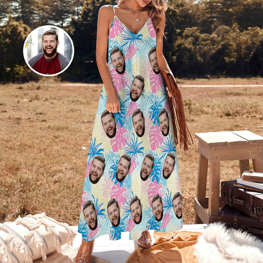 Custom Face Sling Hawaiian Style Long Dress Grass Green Tropical Hawaiian Dress - MyPhotoSocksAu