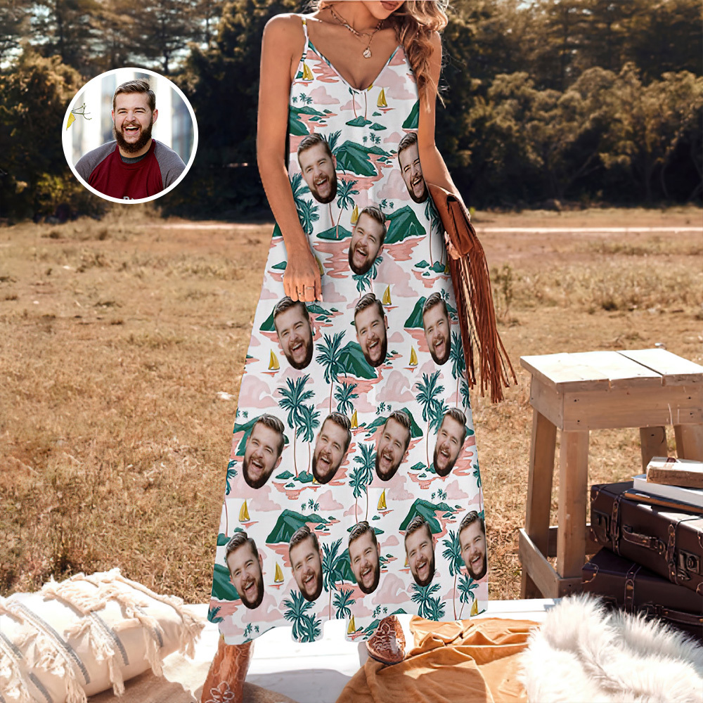 Custom Face Sling Hawaiian Style Long Dress Grass Green Tropical Hawaiian Dress - MyPhotoSocksAu