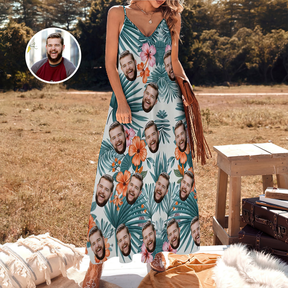 Custom Face Sling Hawaiian Style Long Dress Grass Green Tropical Hawaiian Dress - MyPhotoSocksAu