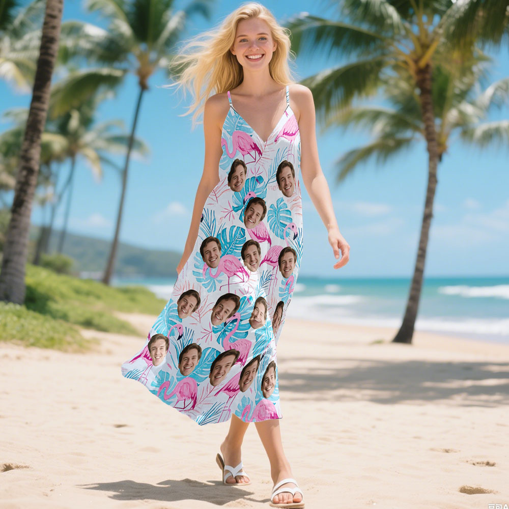 Personalized Flamingo Face Sling Long Dress Custom Face Photo Dress for Women Fun Summer Vacation Gift - MyPhotoSocksAu