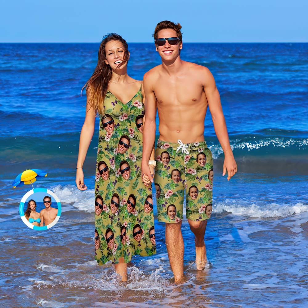 Custom Face Couple Matching Outfits Flowers Green Beach Wear Set - My Photo Socks AU