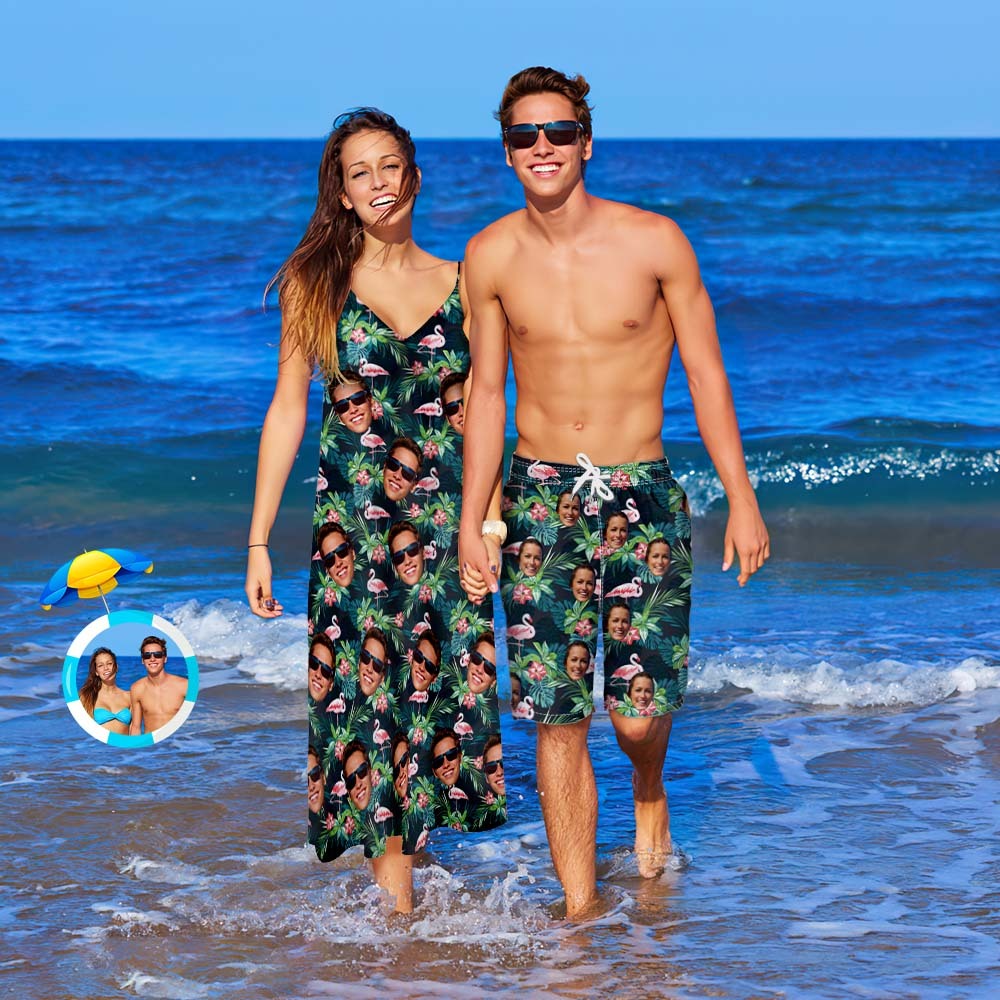 Custom Face Couple Matching Outfits Flamingo Beach Wear Set - My Photo Socks AU
