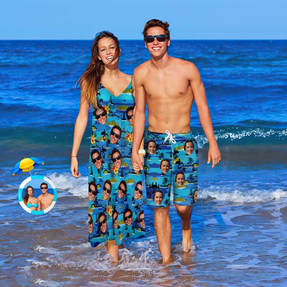 Custom Face Couple Matching Outfits Coconut Tree Beach Wear Set - My Photo Socks AU