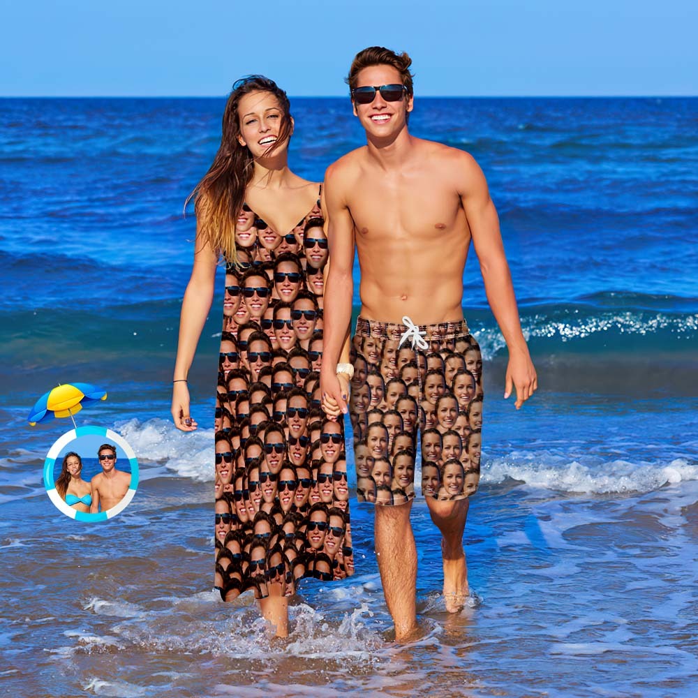 Custom Face Couple Matching Outfits Face Mash Beach Wear Set - My Photo Socks AU