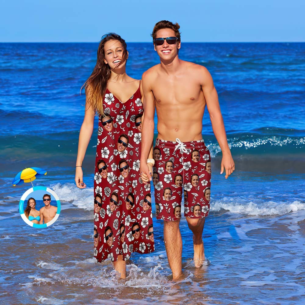 Custom Face Couple Matching Outfits Flowers Beach Wear Set - My Photo Socks AU