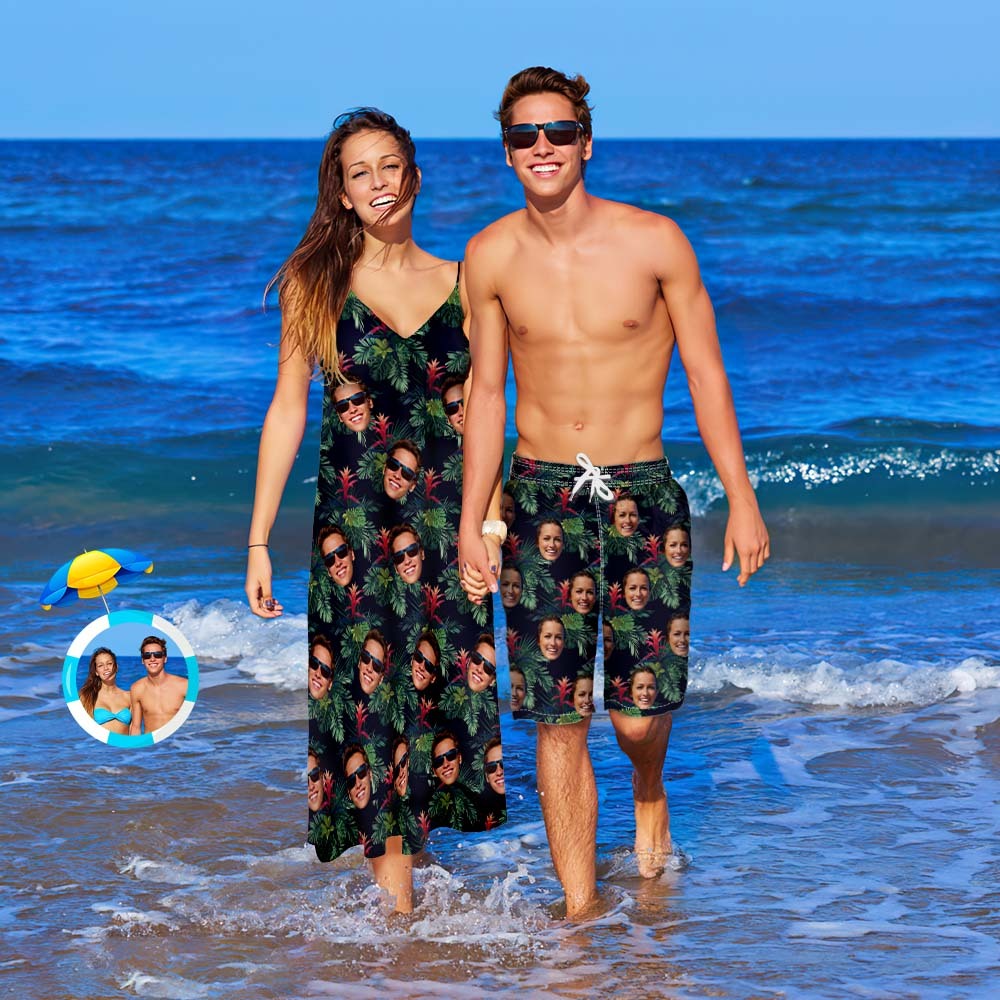 Custom Face Couple Matching Outfits Bromelia Beach Wear Set - My Photo Socks AU