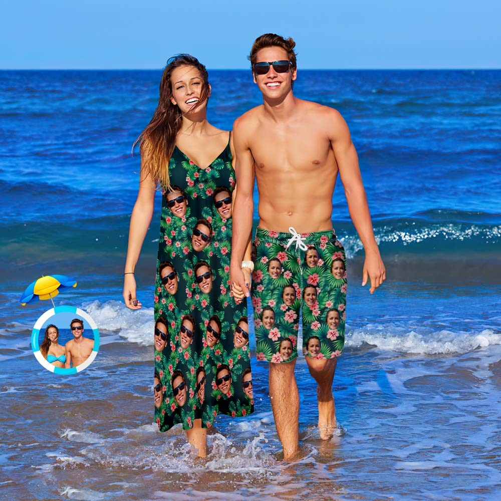 Custom Face Couple Matching Outfits Red Flowers Beach Wear Set - My Photo Socks AU