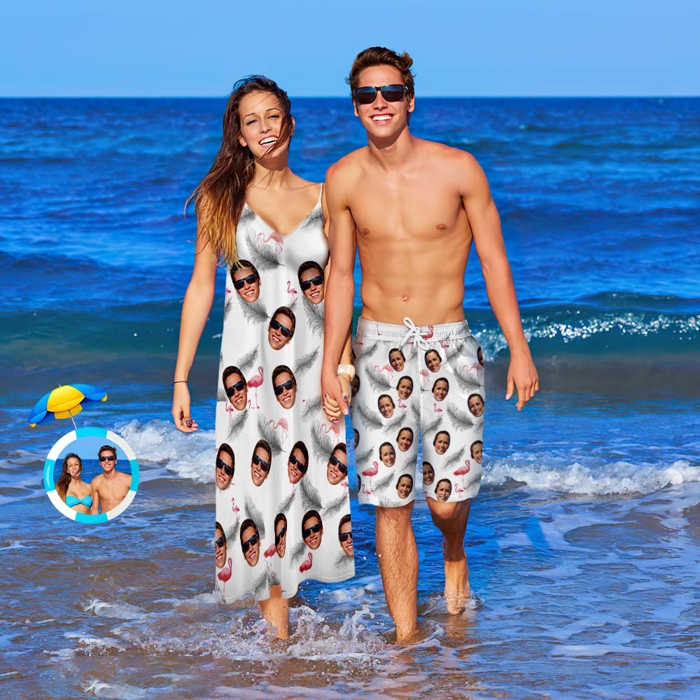 Custom Face Couple Matching Outfits Feather Beach Wear Set - My Photo Socks AU