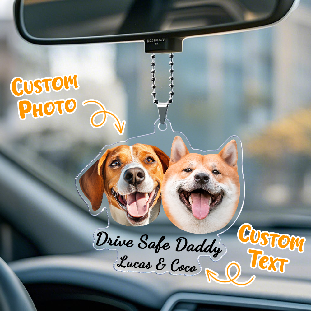 Fathers Day Gifts For Dog Dad, Custom Hanging Pet Photo Car Ornament, Dog Lovers Gifts, Car Accessories, Personalized Drive Safe Daddy Gifts - MyPhotoSocksAu