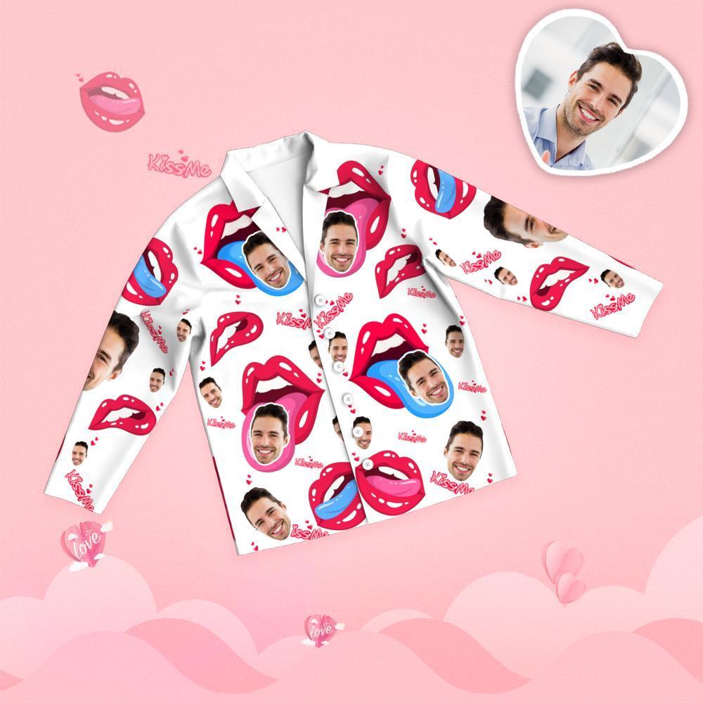 Valentine's Day Custom Face Tongue Kiss Printed Long Sleeve Pajamas
