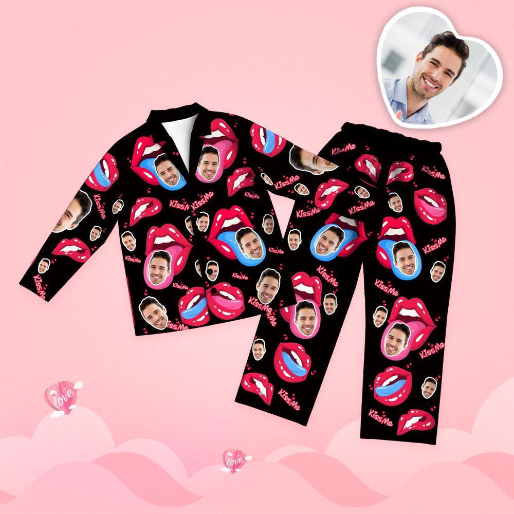Valentine's Day Custom Face Tongue Kiss Printed Long Sleeve Pajamas Se