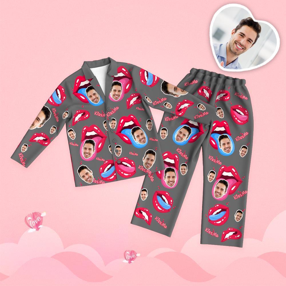 Valentine's Day Custom Face Tongue Kiss Printed Long Sleeve Pajamas Set