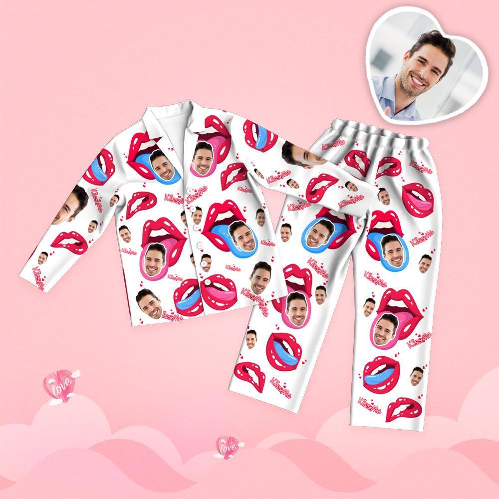 Valentine's Day Custom Face Tongue Kiss Printed Long Sleeve Pajamas Set