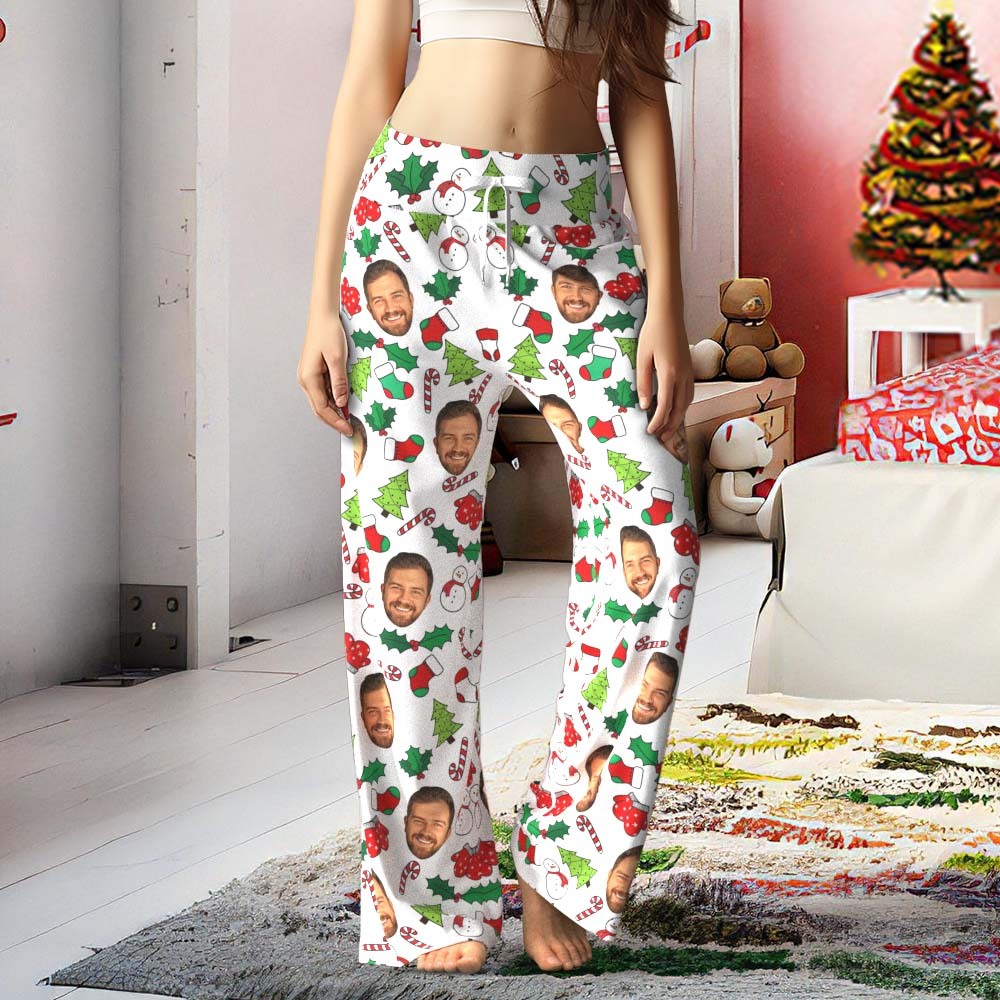 Custom Face Pants Ladie's Loose Wide-leg Pajama Pants Mistletoe Merry Christmas - My Photo Socks AU