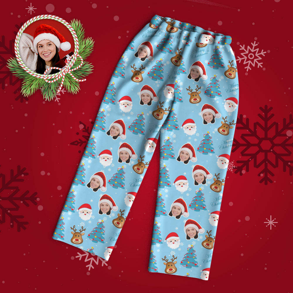 Custom Face Pajama Personalized Blue Photo Pajamas Santa Claus and Elk Christmas Gifts - My Photo Socks AU
