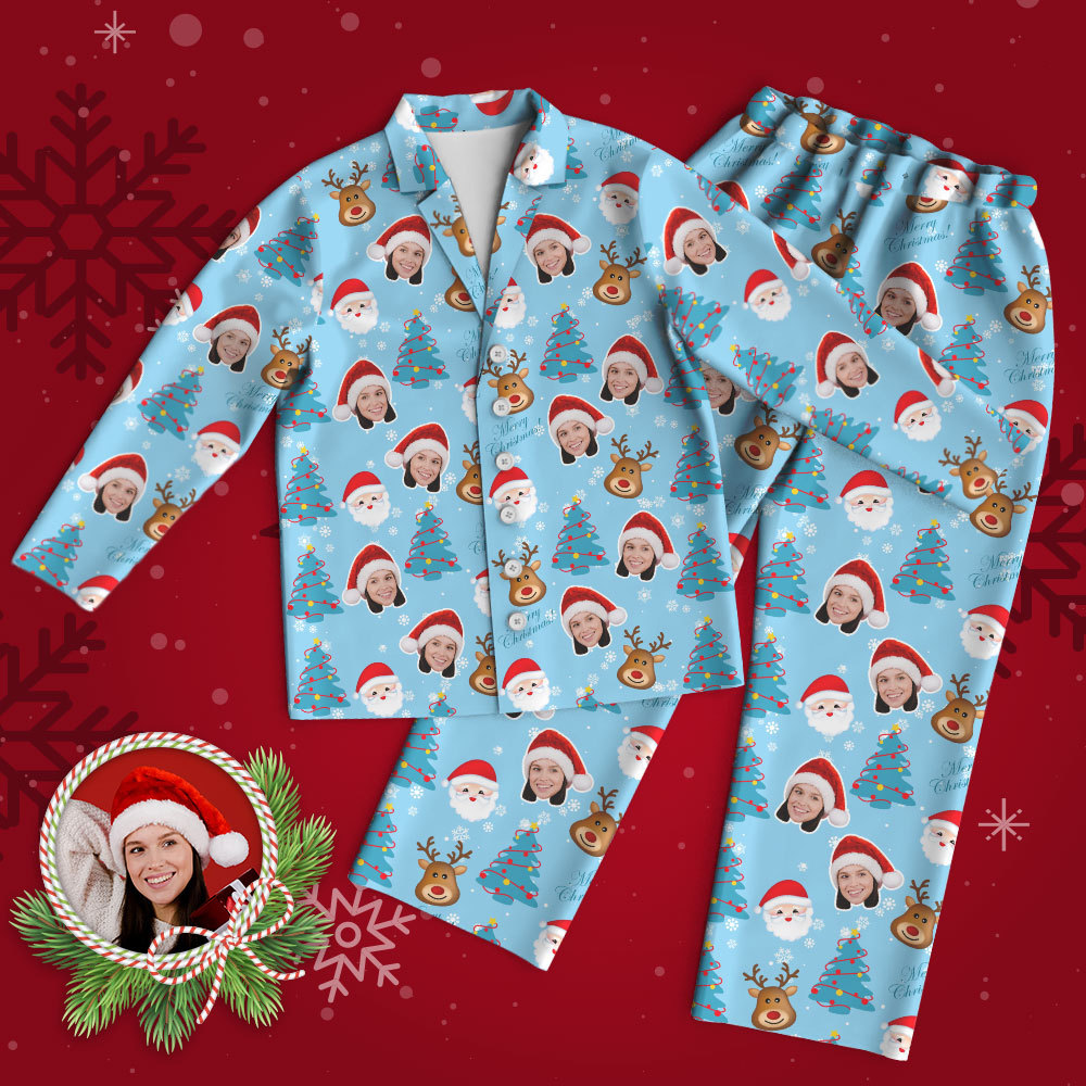 Custom Face Pajama Personalized Blue Photo Pajamas Santa Claus and Elk Christmas Gifts - My Photo Socks AU