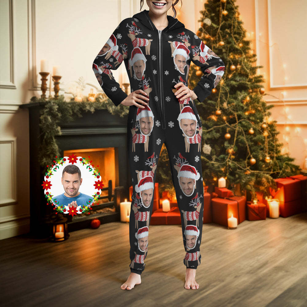 Custom Face Christmas Elk Onesies Pajamas One-Piece Sleepwear Christmas Gift - My Photo Socks AU