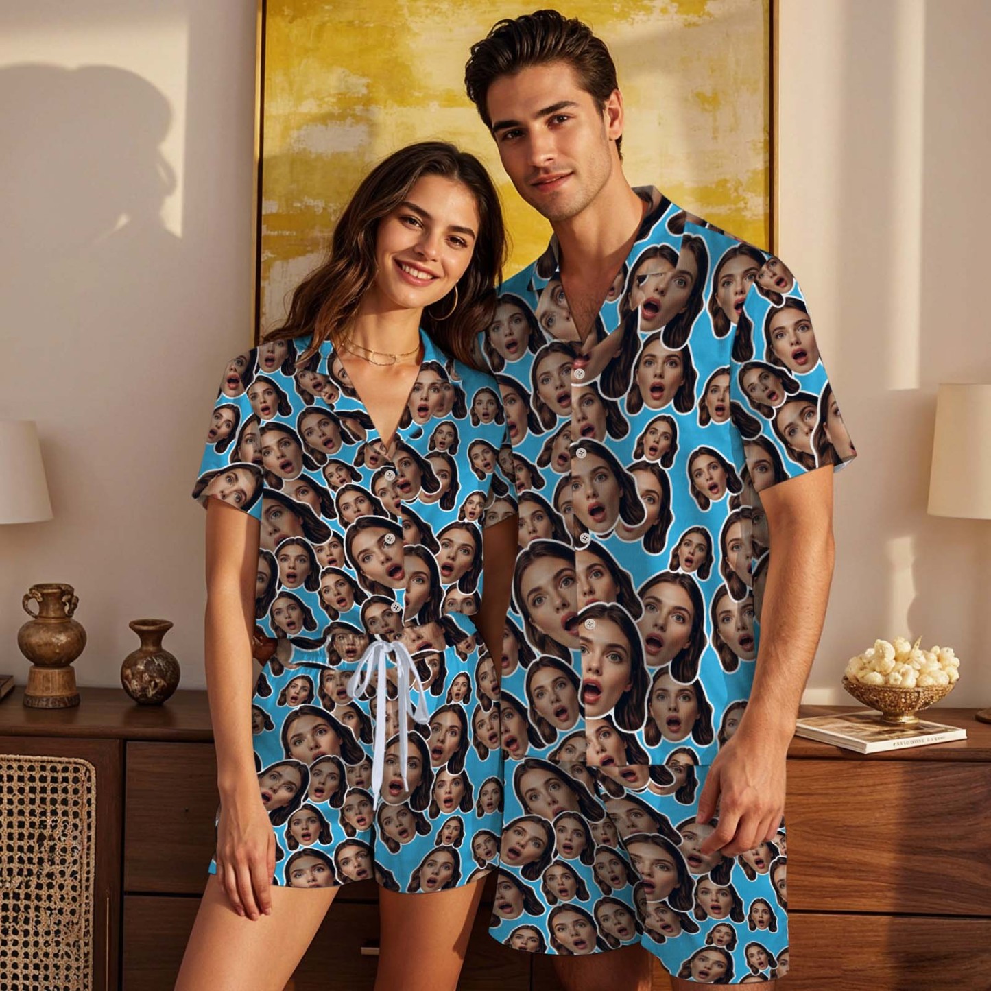 Custom Face Short Sleeved Pajamas Personalised BLue Sleepwear Love Gifts - MyPhotoSocksAu