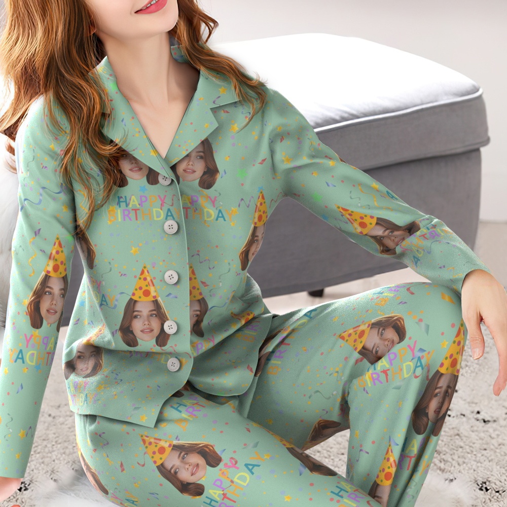 Custom Face Long Sleeve Pajamas Sleepwear Set Personalized Photo Happy Birthday Pajamas - MyPhotoSocksAu