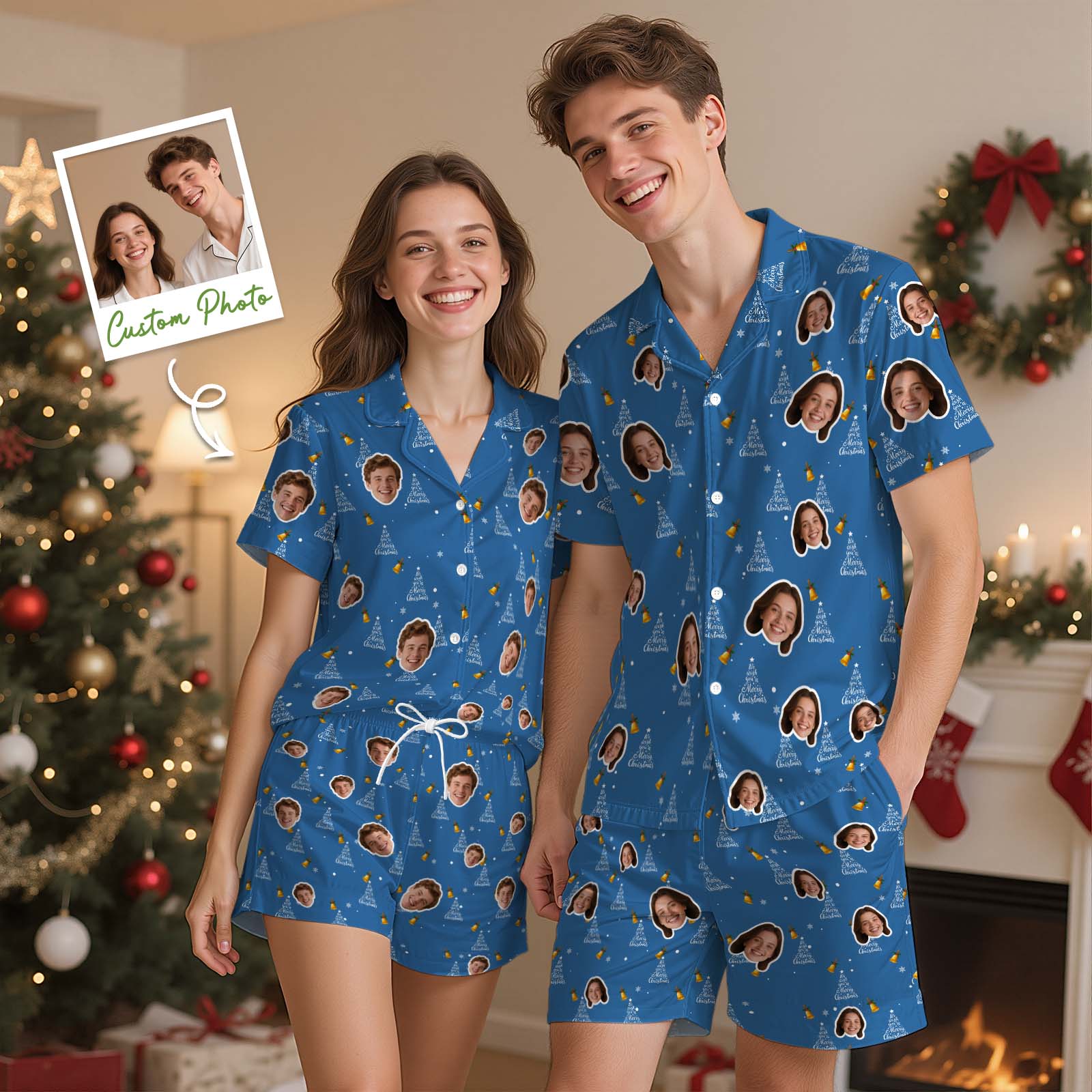 Christmas Gifts Custom Face Short Sleeved Pajamas Xmas Tree Personalised Sleepwear Love Gifts For Her
