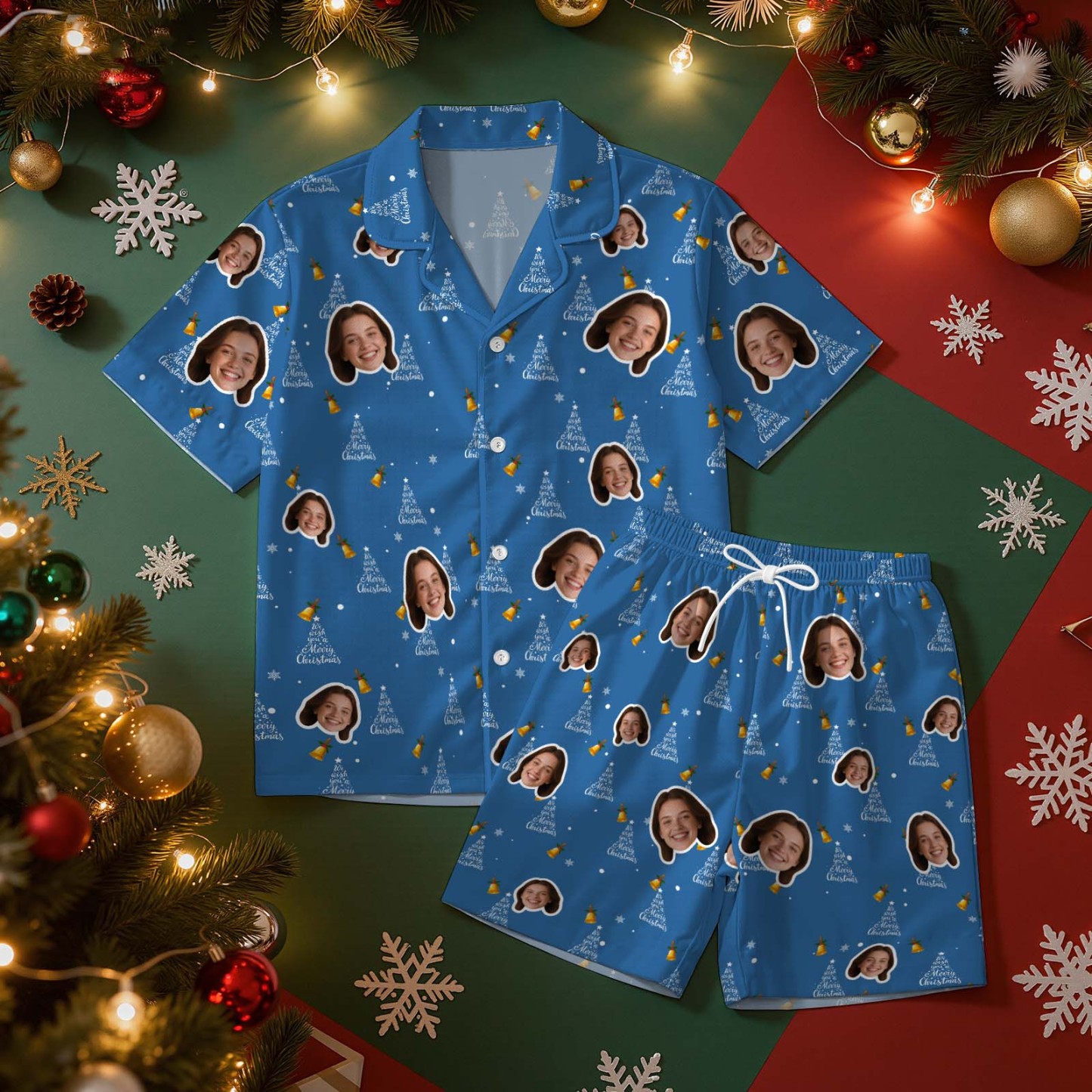 Christmas Gifts Custom Face Short Sleeved Pajamas Xmas Tree Personalised Sleepwear Love Gifts For Her - MyPhotoSocksAu