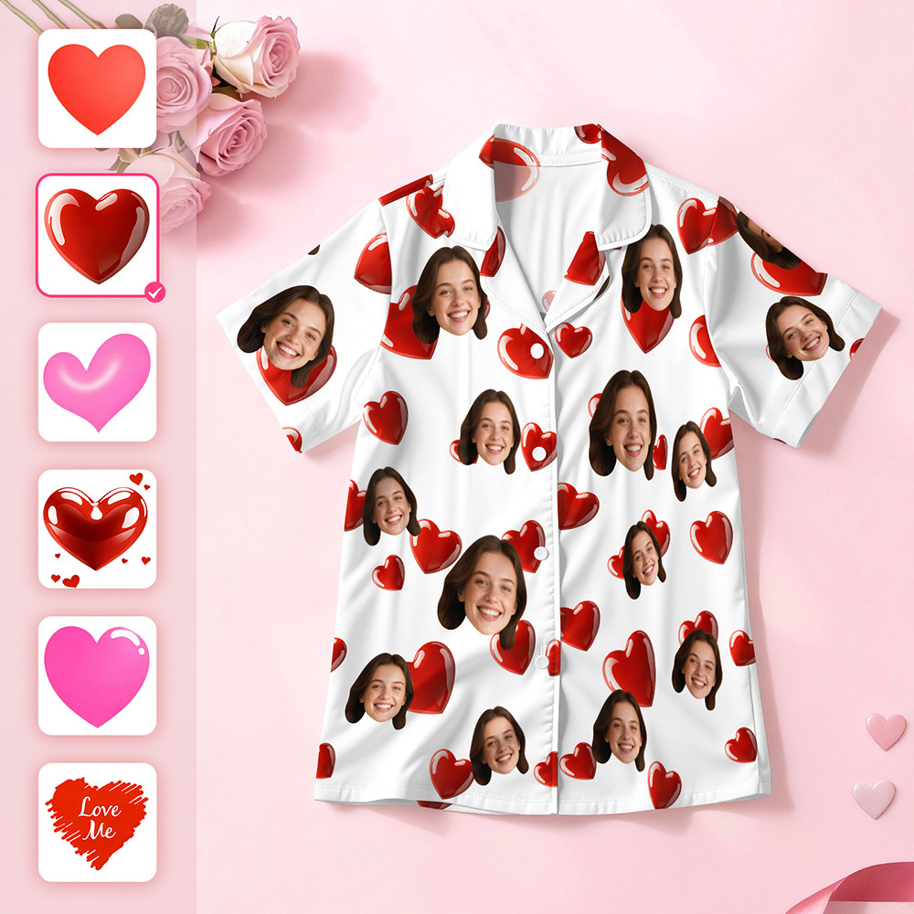 Personalised Face Short Sleeve Pajamas Custom Heart Face Couple Sleepwear Valentine Love Gifts For Him - MyPhotoSocksAu