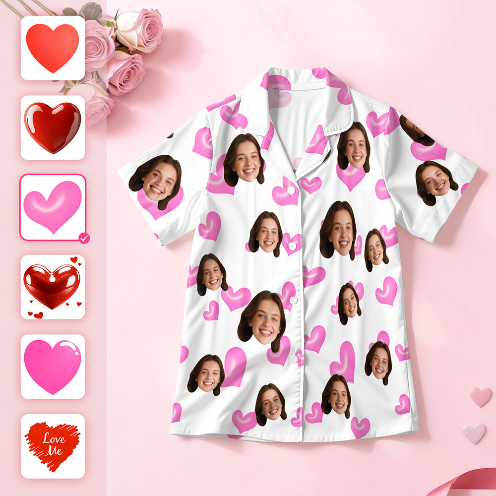 Personalised Face Short Sleeve Pajamas Custom Heart Face Couple Sleepwear Valentine Love Gifts For Him - MyPhotoSocksAu