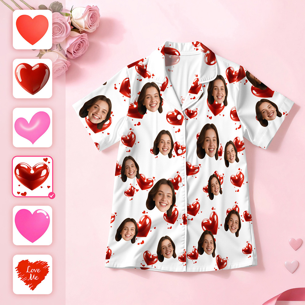 Personalised Face Short Sleeve Pajamas Custom Heart Face Couple Sleepwear Valentine Love Gifts For Him - MyPhotoSocksAu