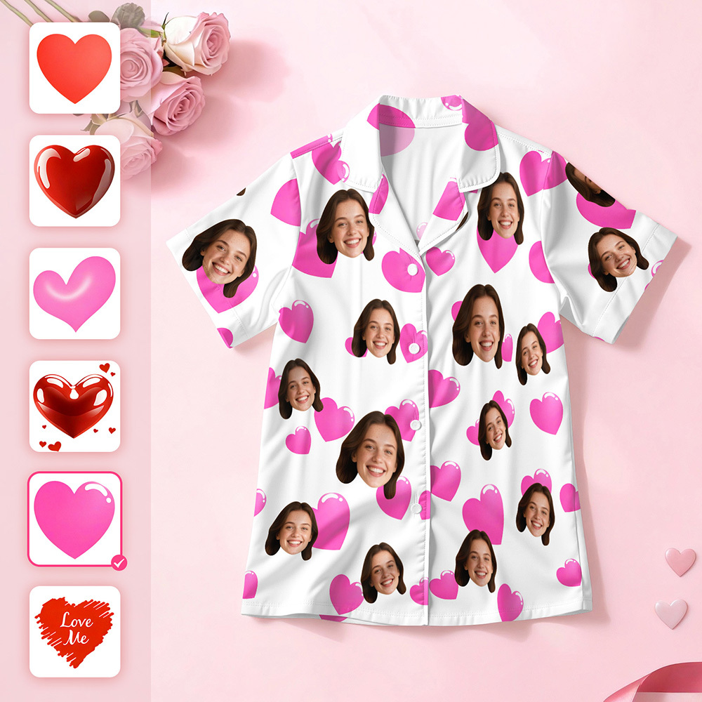 Personalised Face Short Sleeve Pajamas Custom Heart Face Couple Sleepwear Valentine Love Gifts For Him - MyPhotoSocksAu